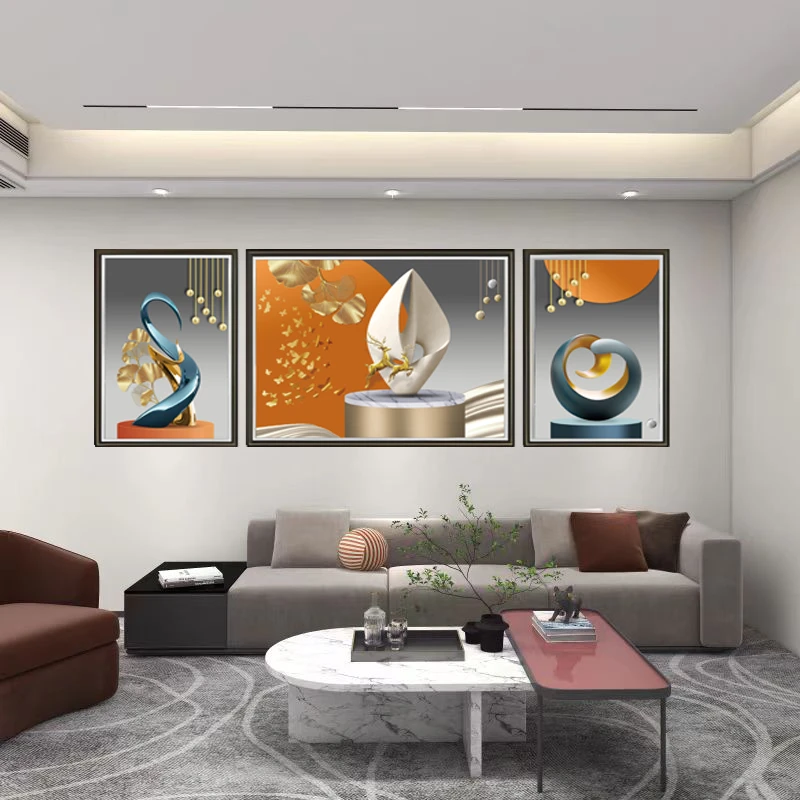 [喜宅家艺]Q43筑梦空间时尚轻奢钢化玻璃装裱沙发背景三联装饰画
