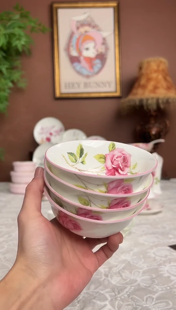 36%以上骨粉骨瓷玫瑰米饭碗4个装