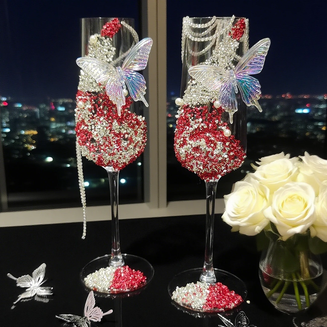 新款ins风浪漫碎钻高脚杯敬酒杯diy材料包订婚结婚送闺蜜新婚礼物