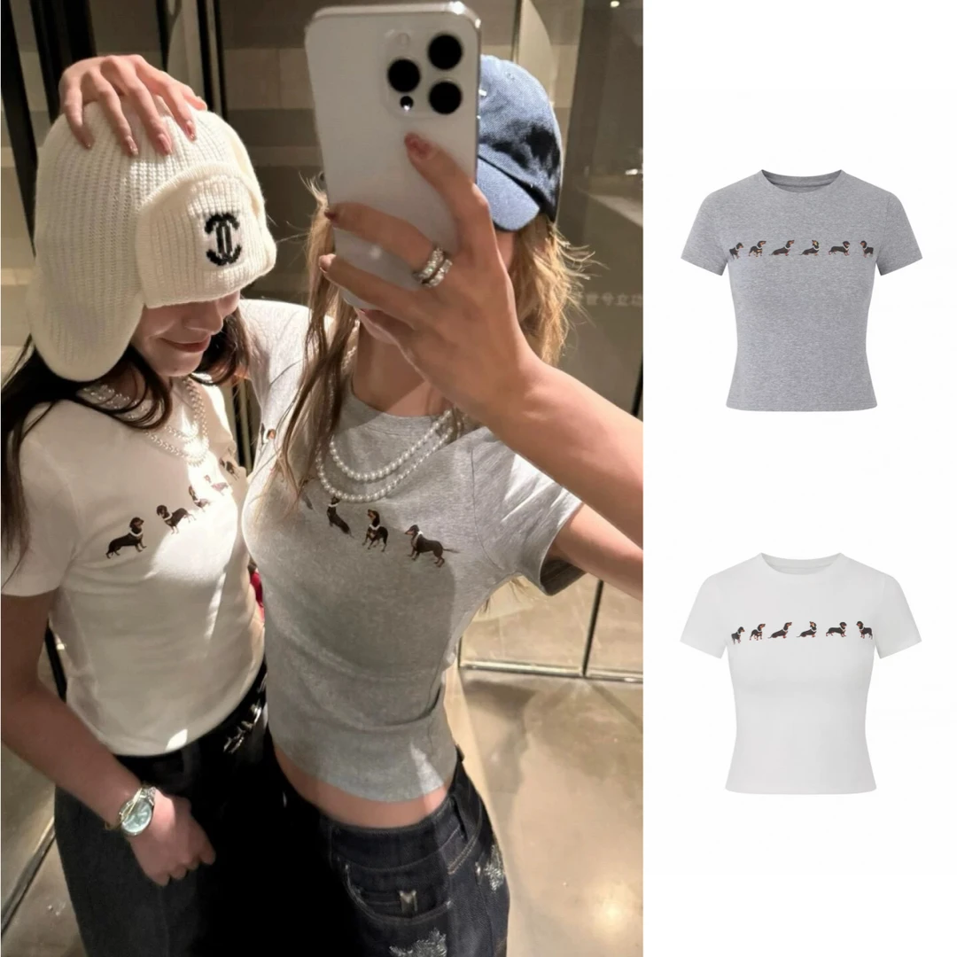 Jennie同款腊肠小狗正肩短袖t恤女爆款夏季修身显瘦短款辣妹上衣