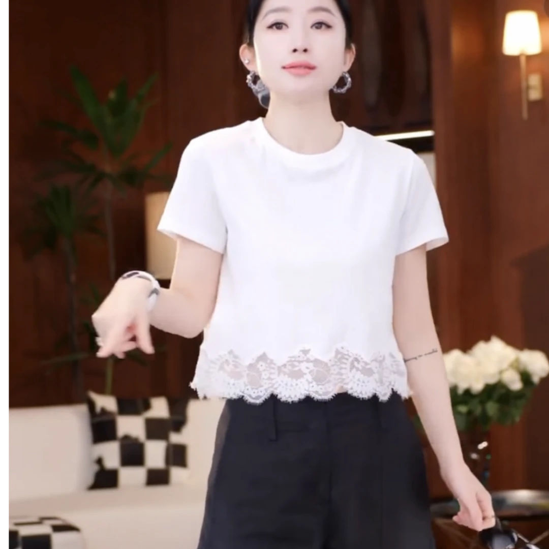 正肩上衣2025年新款蕾丝拼接下摆圆领短袖t恤女休闲时尚显瘦百搭