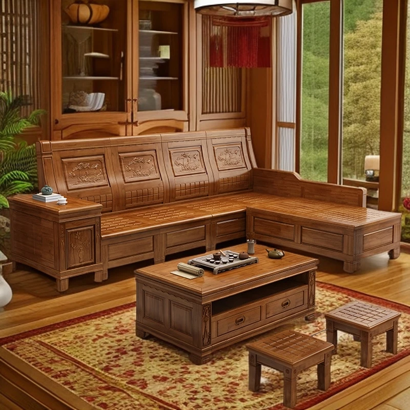 中式实木沙发组合香樟木沙发多功能转角家用贵妃仿古两用客厅家具