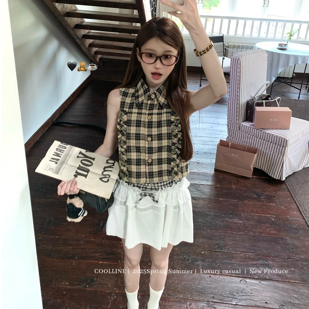 COOLLINE林子熙 miu的少女研究所 学院系格纹马甲/半裙套装