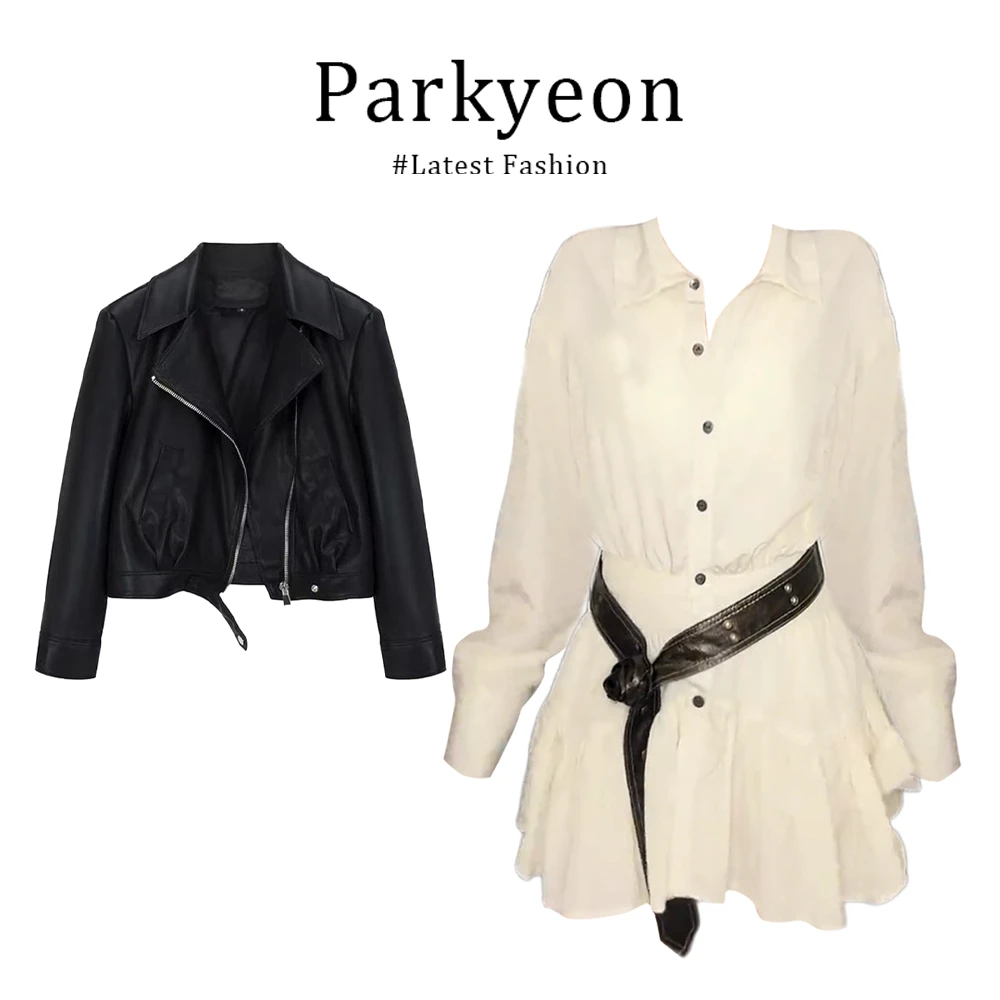 parkyeon美式复古黑色短款皮衣外套慵懒风翻领衬衫连衣裙两件套