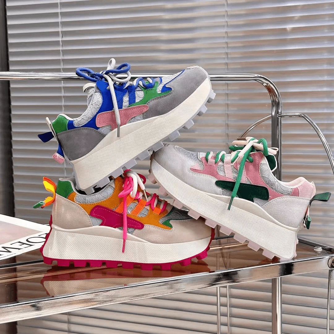 夏季新款阿甘鞋女2025年爆款蕾丝拼色休闲运动松糕厚底网红老爹鞋