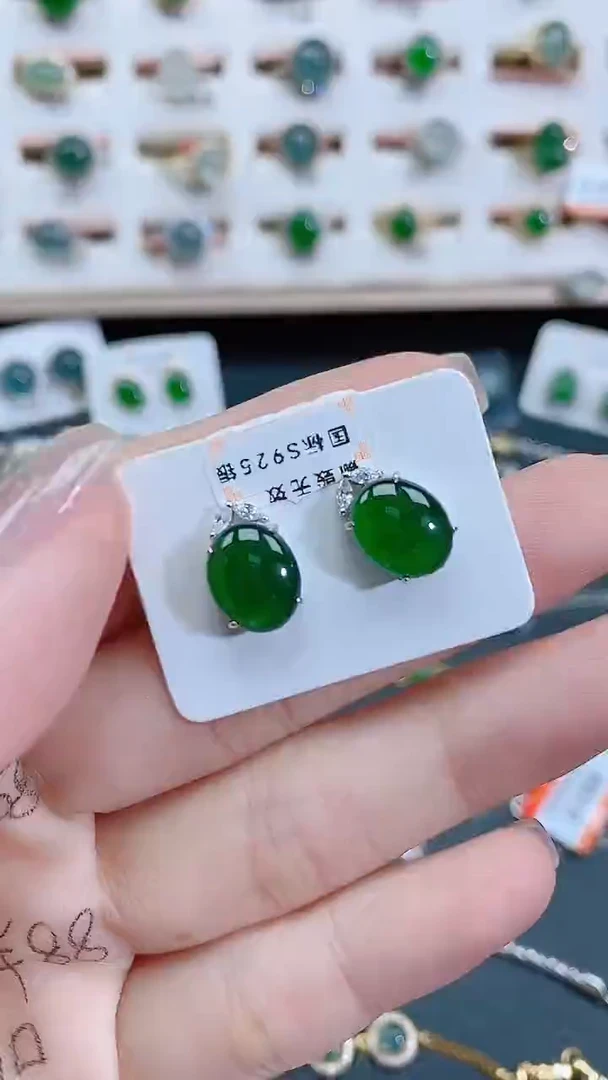 银S925镶嵌翡翠耳饰天然翡翠