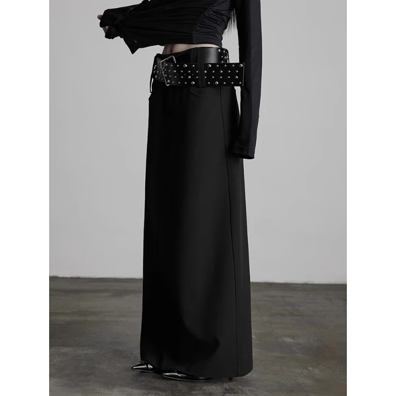 高级感黑色压褶高腰半身裙春新款时尚复古气质百搭直筒长裙配腰带