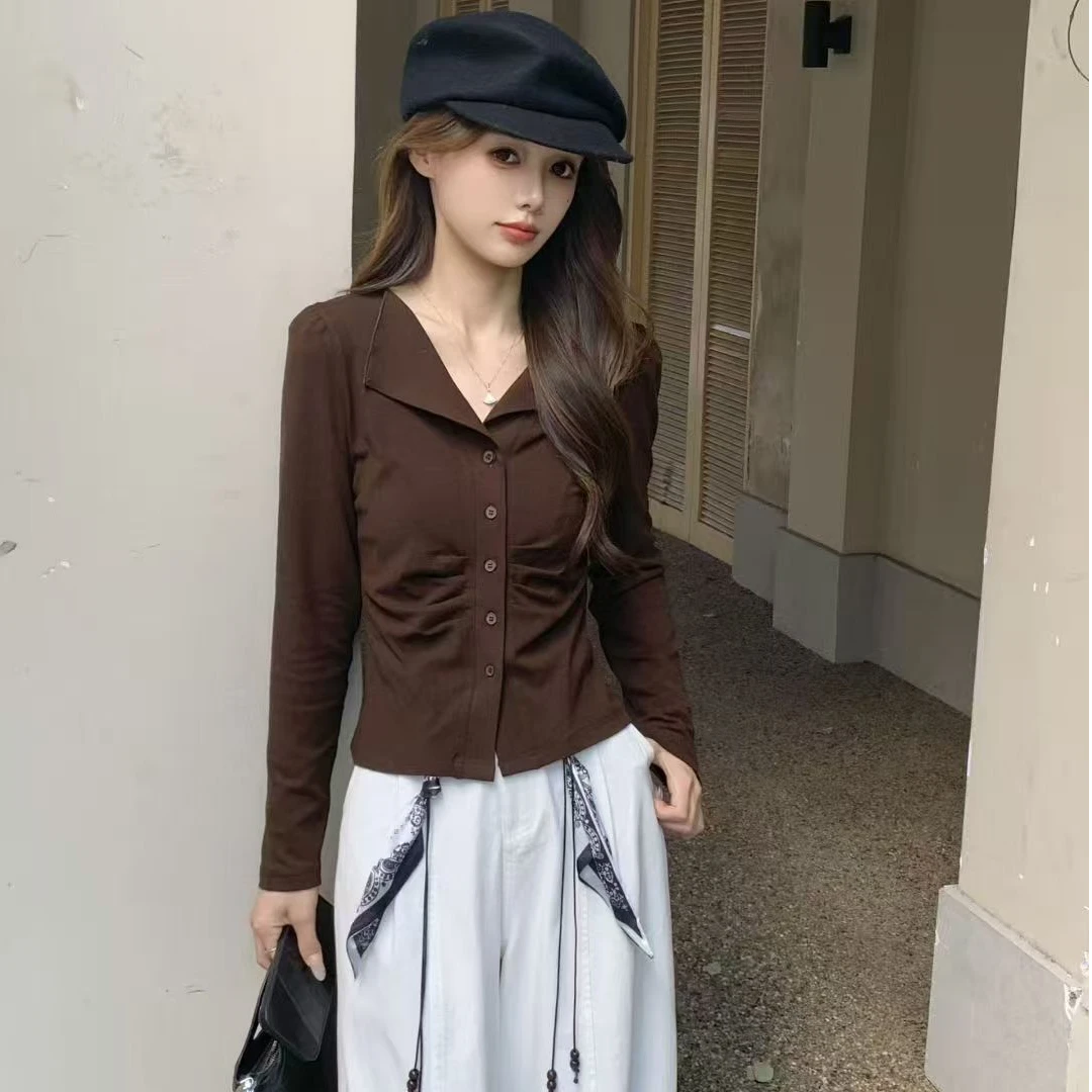 拉夏贝尔秋季褶皱长袖t恤女2025新款内搭打底衫修身显瘦女士上衣