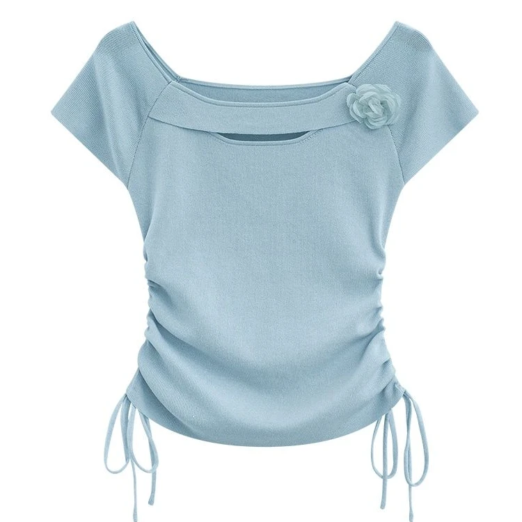 冰丝针织衫女2025夏季新款抽绳收腰显瘦气质方领上衣百搭短袖t恤