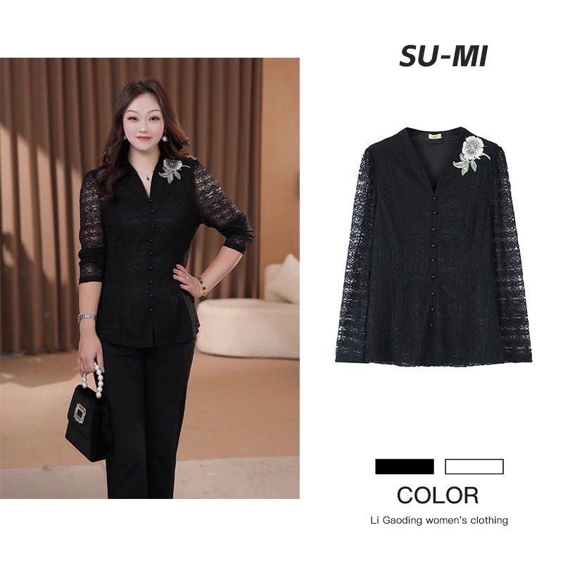 苏迷大码女装早秋花束时尚显瘦显白遮肉镂空蕾丝上衣250920长袖