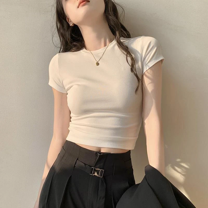 白色正肩t恤女短袖2025夏季新款辣妹修身显瘦纯棉短款紧身上衣潮