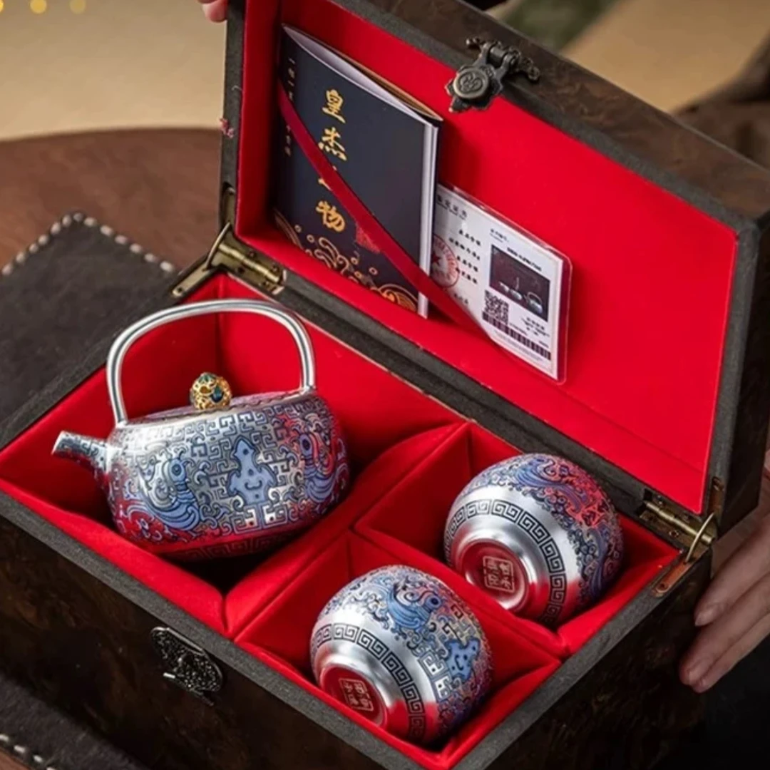 皇杰造物天命玄鸟鎏银提梁壶茶具套装1432