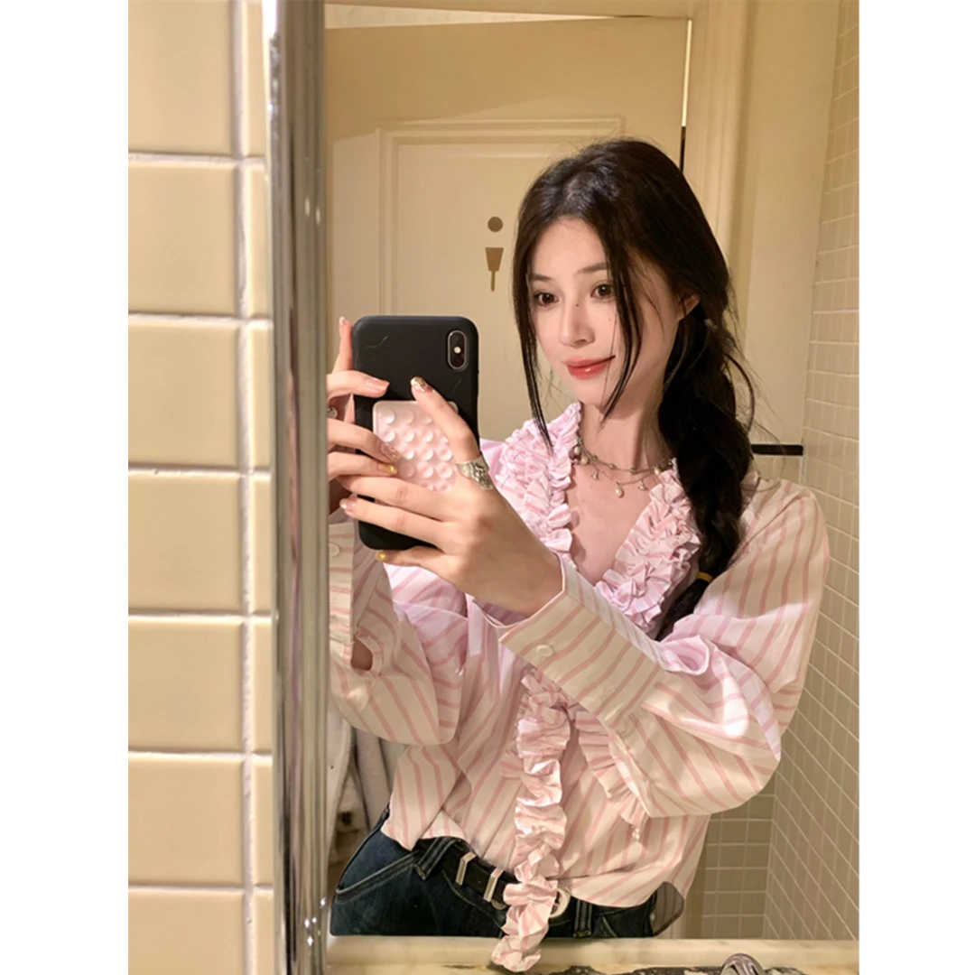 Notdefined粉色v领长袖衬衫女独特设计感小众上衣打底衫春秋款