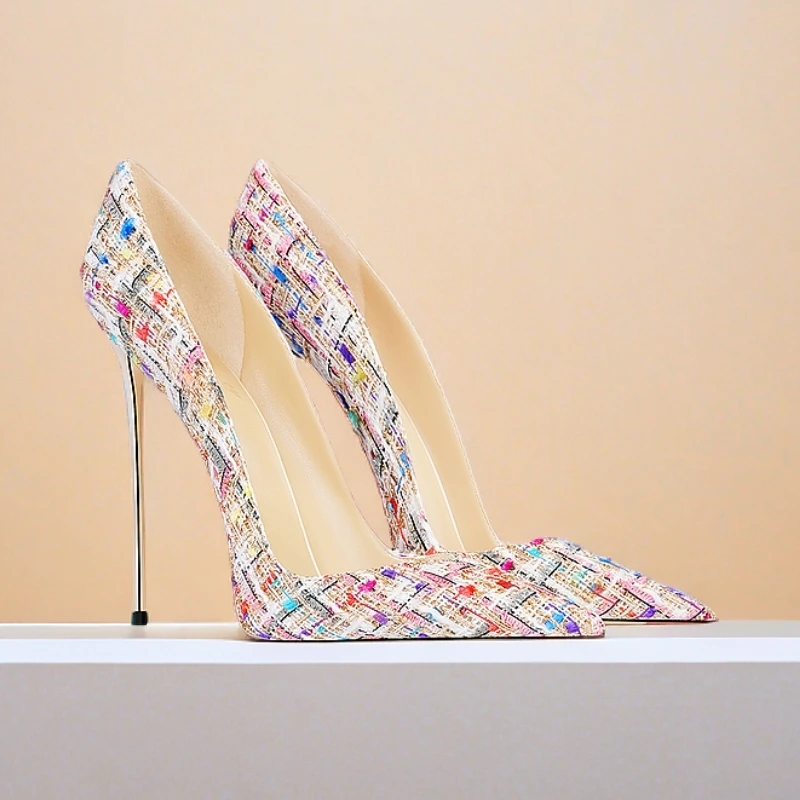 小香风米白色毛呢小个子甜美高级感2025秋季新款尖头细跟高跟鞋女