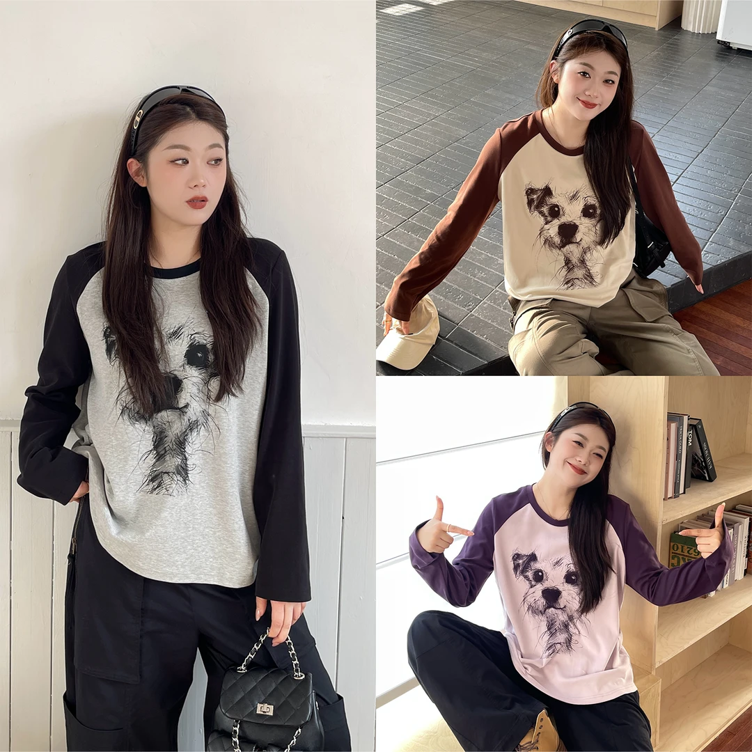 裂渡宣宣【潦草小狗】微胖大码女秋显瘦ins小狗插肩针织T恤ZY507A24