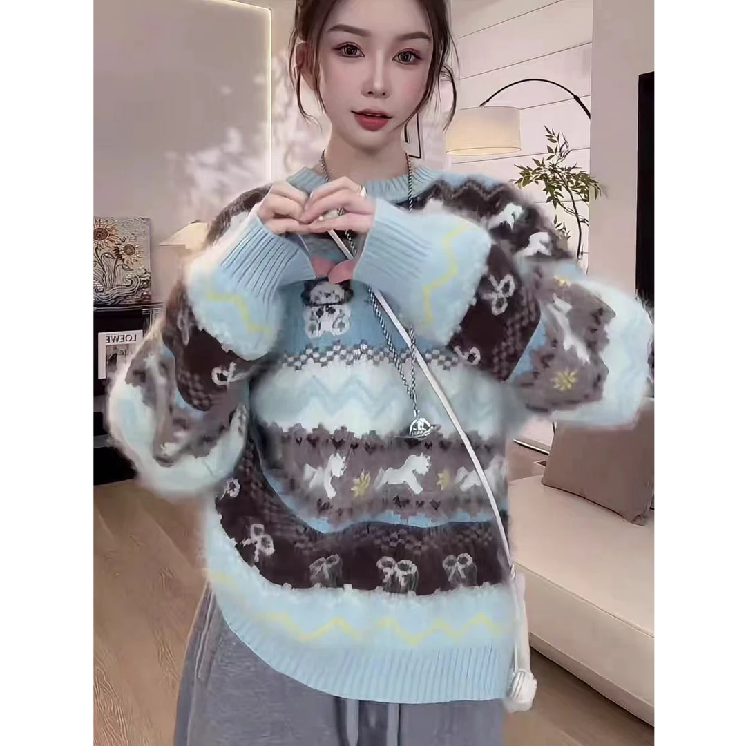 卡通小熊～冬季新款拉绒拉毛圆领保暖毛衣～#2530