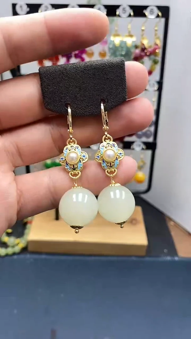 和田玉银S925镀金镶嵌耳饰尺寸16mm耳扣A2