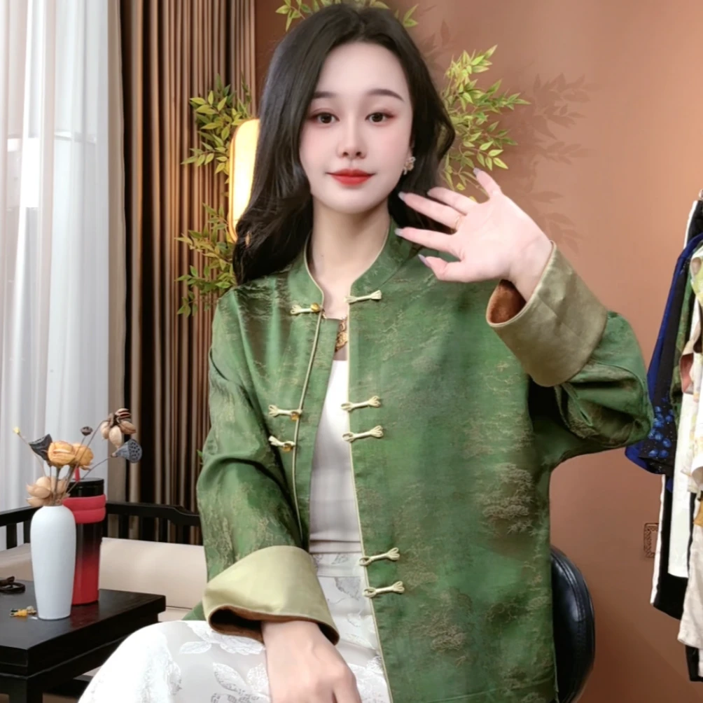 秋季新款100%桑蚕丝时尚显瘦立领盘扣透气百搭国风外套女S284