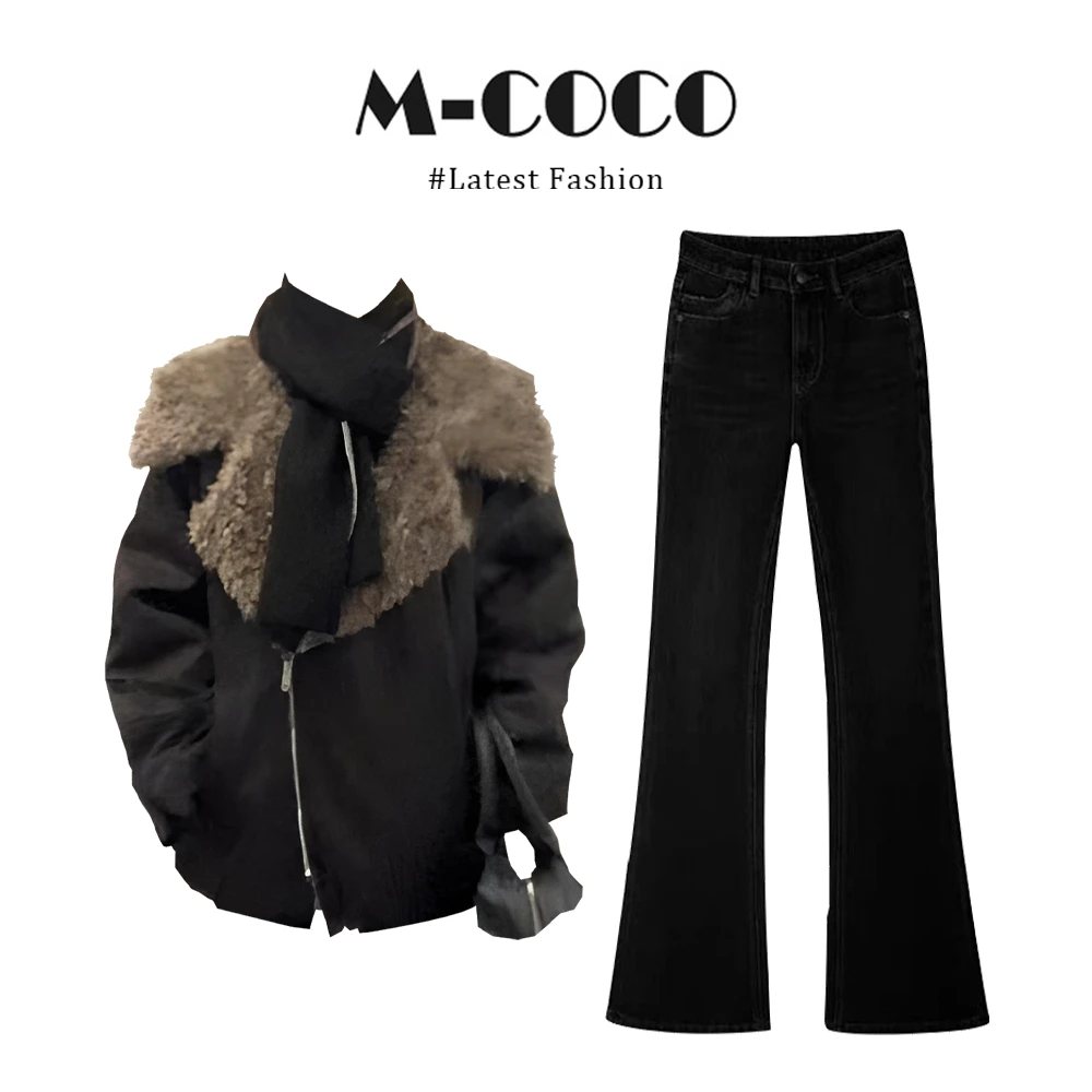 MARIE.COCO法式黑色大翻领拉链派克棉服外套黑色牛仔裤时尚套装