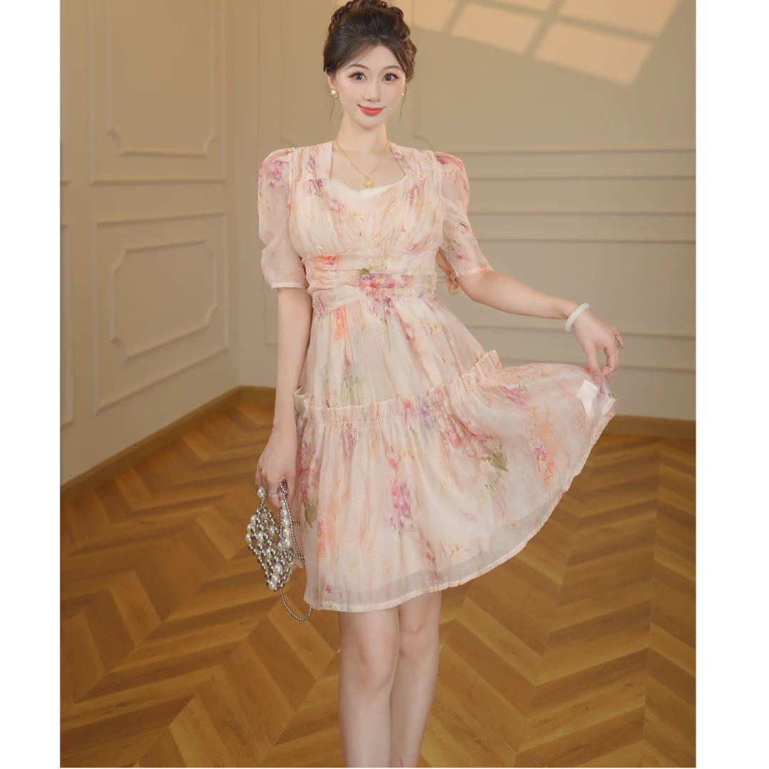 【张小小】【有里布】品牌高级感碎花时尚气质收腰连衣裙女D1227