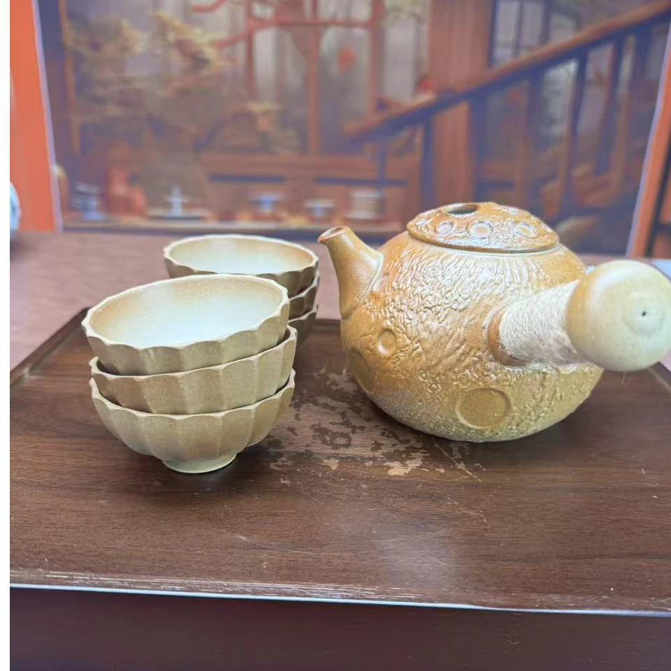 原矿侧把粗陶煮茶壶带六杯