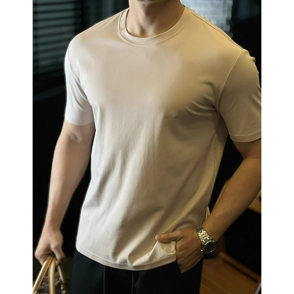 奥兰德保罗垂感弹力亲肤短袖T恤男薄款透气简约纯色打底上衣春夏