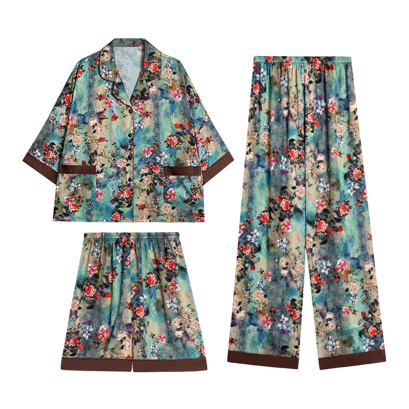 达芬奇密码【蔓河玫瑰】新款蝙蝠袖宽松显瘦薄款三件套睡衣家居服