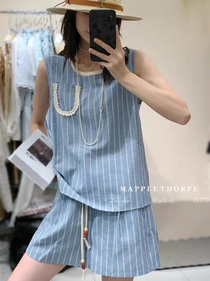 【F-fang】拼色条纹坎肩套装