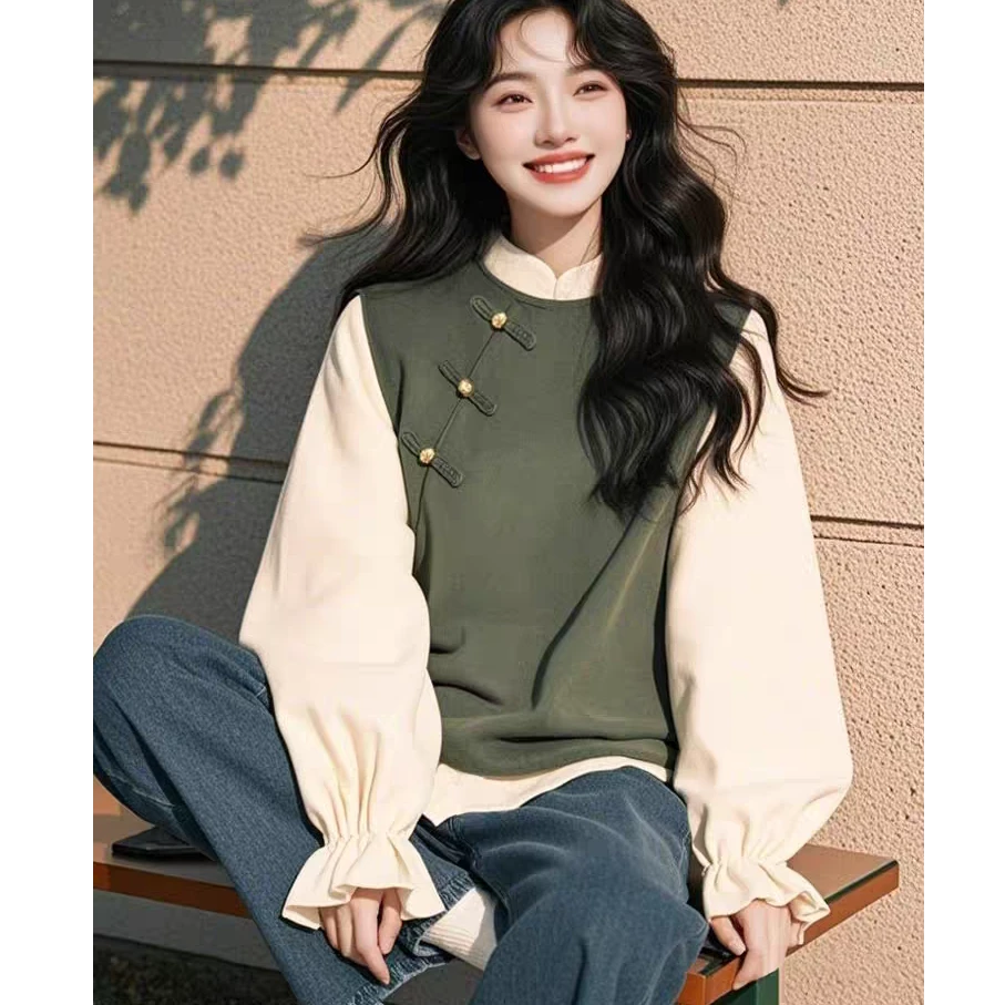 新中式国风女士假两件衬衫上衣4131# 衣长61