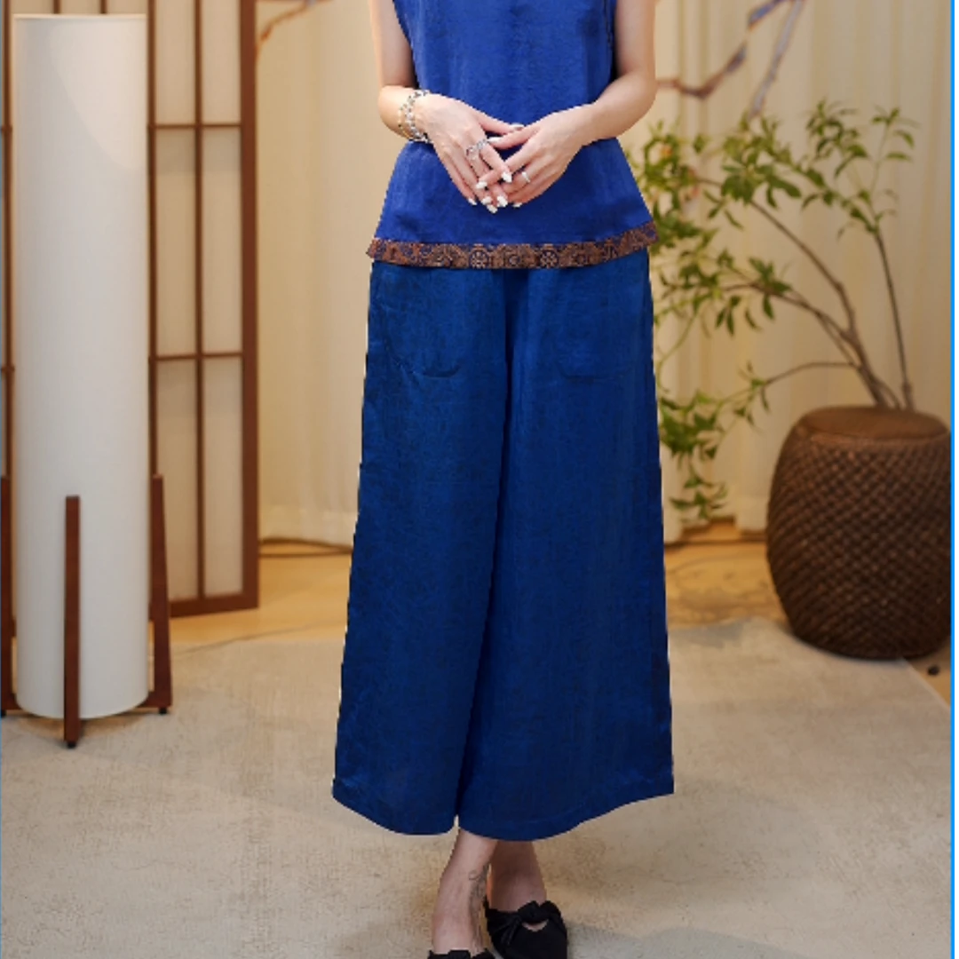新中式桑蚕丝香云纱蓝色裤子蓝龟百搭宽松款DX24AK0049