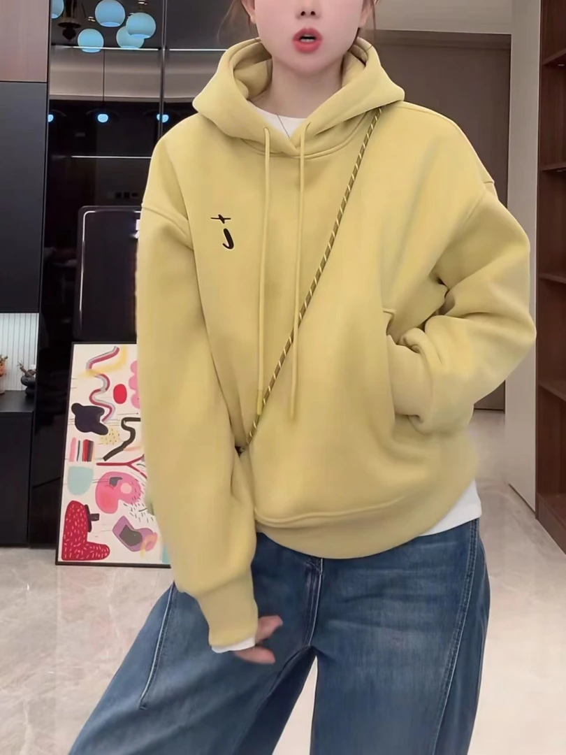 设计感刺绣加绒加厚连帽卫衣女2025秋冬新款百搭休闲风套头上衣潮