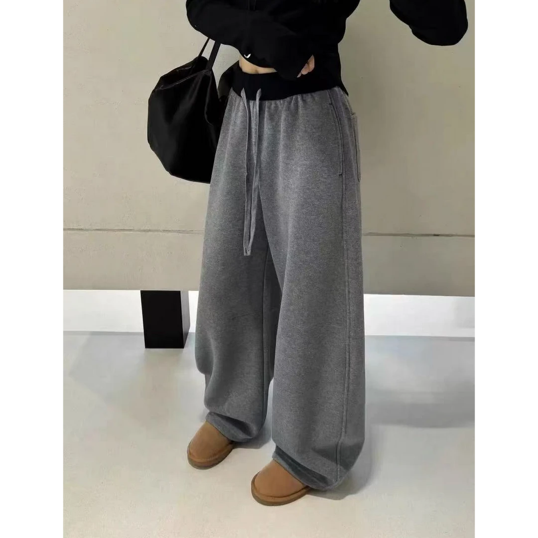欧货高腰拼接抽绳阔腿卫裤女加绒加厚2024冬季新款束脚两穿休闲裤
