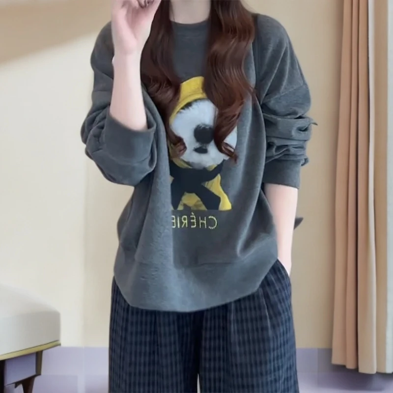 美式复古休闲减龄宽松慵懒圆领卡通小狗字母卫衣C6150