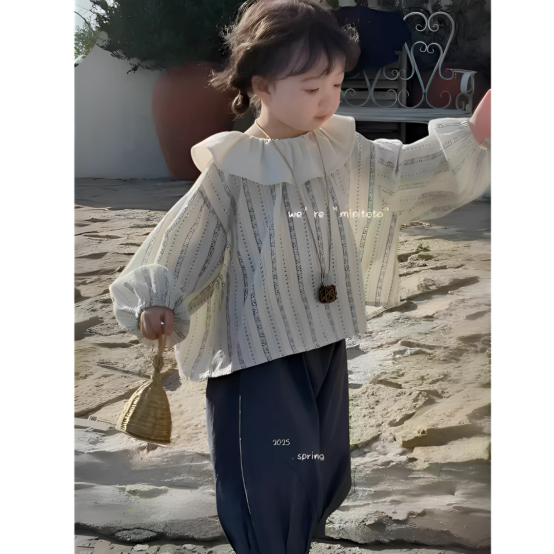 2025春季新款韩版童装女童春装荷叶边衬衫ins上衣儿童哈伦裤套装