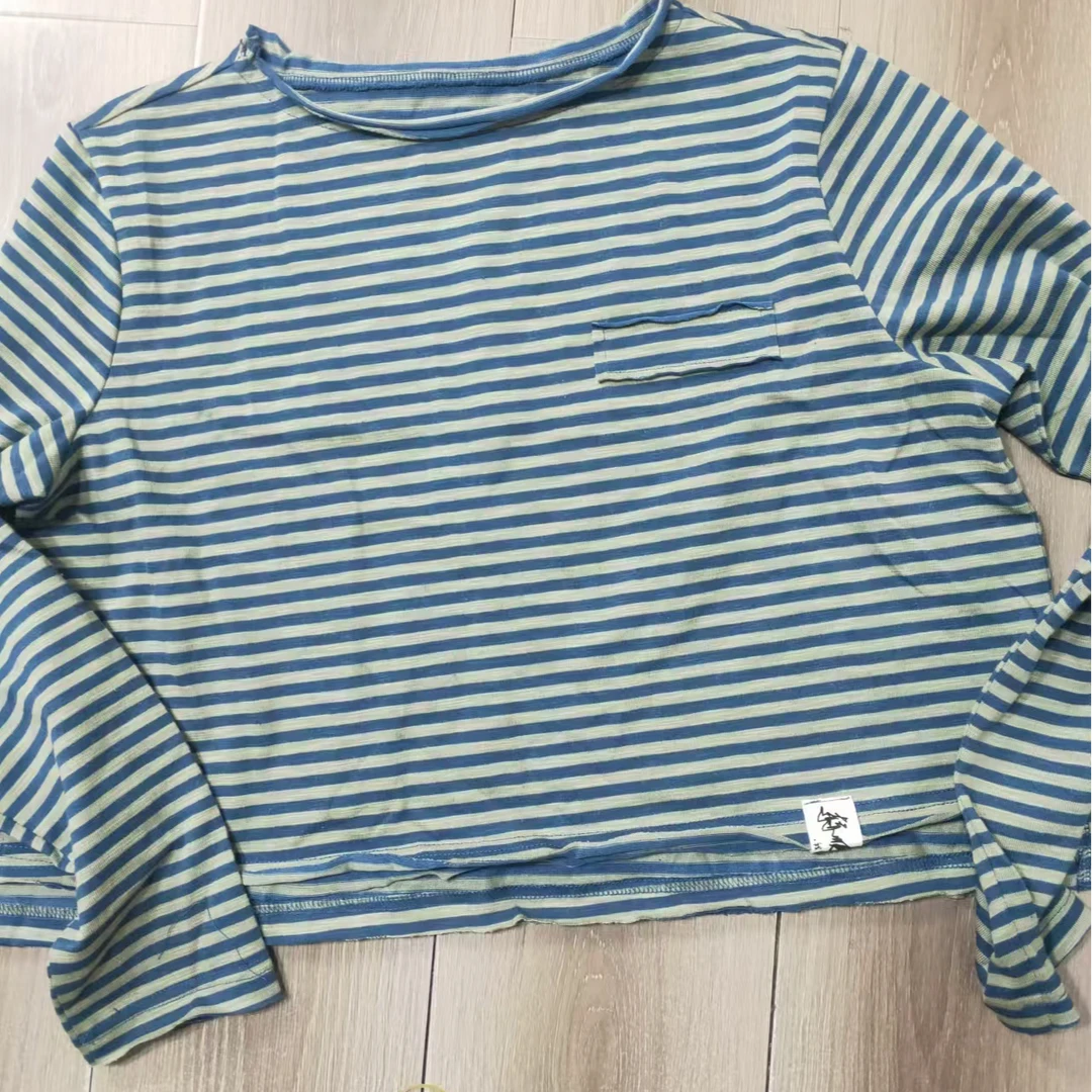 T恤t恤套头纯棉秋季休闲宽松蓝色长袖条纹圆领韩版时尚