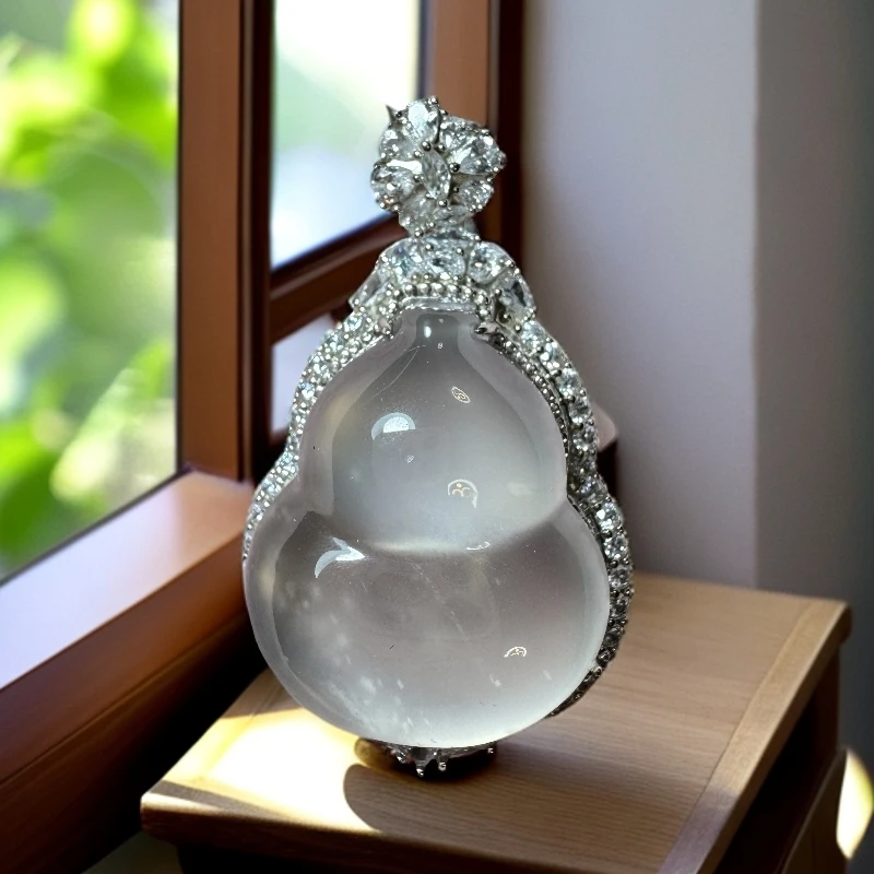 （玖月俄料优品）天然俄料石英质玉黑钢葫芦豪华封底镶嵌气质项链