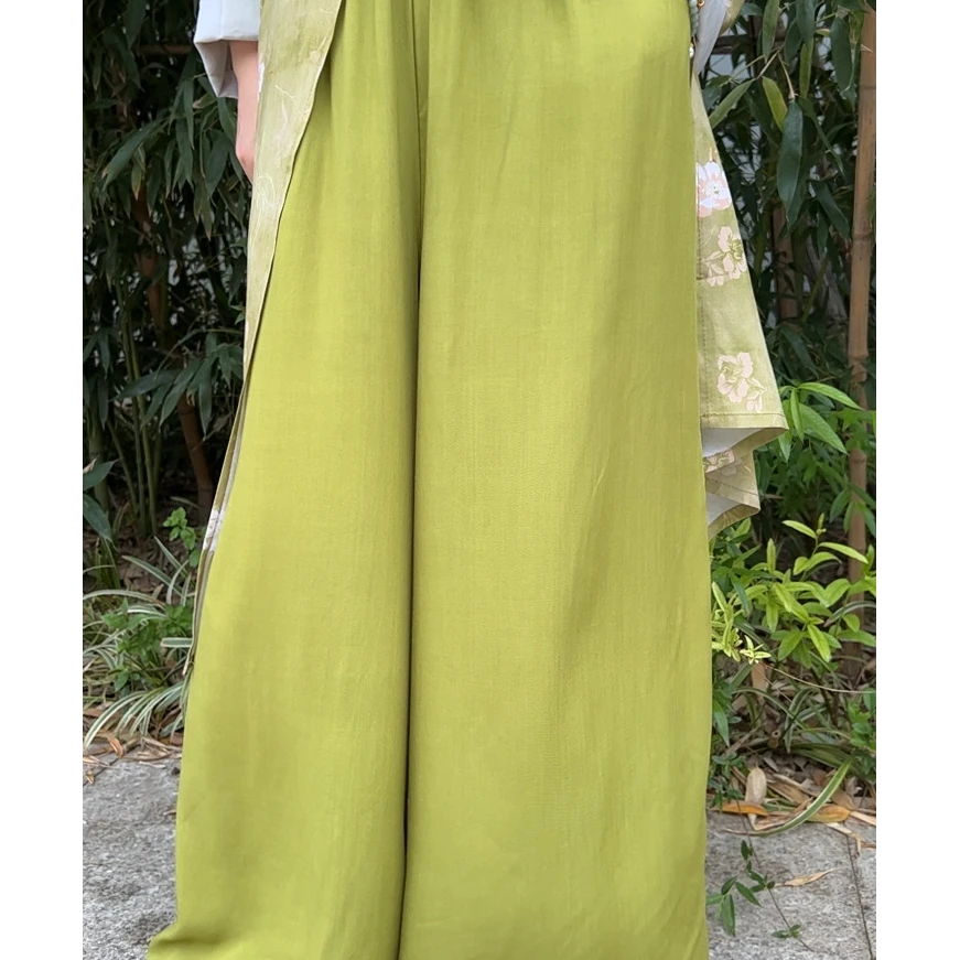 2人造棉绵绸裤裙薄款透气长裤休闲裤国风夏宽松遮肉阔腿裤轻薄