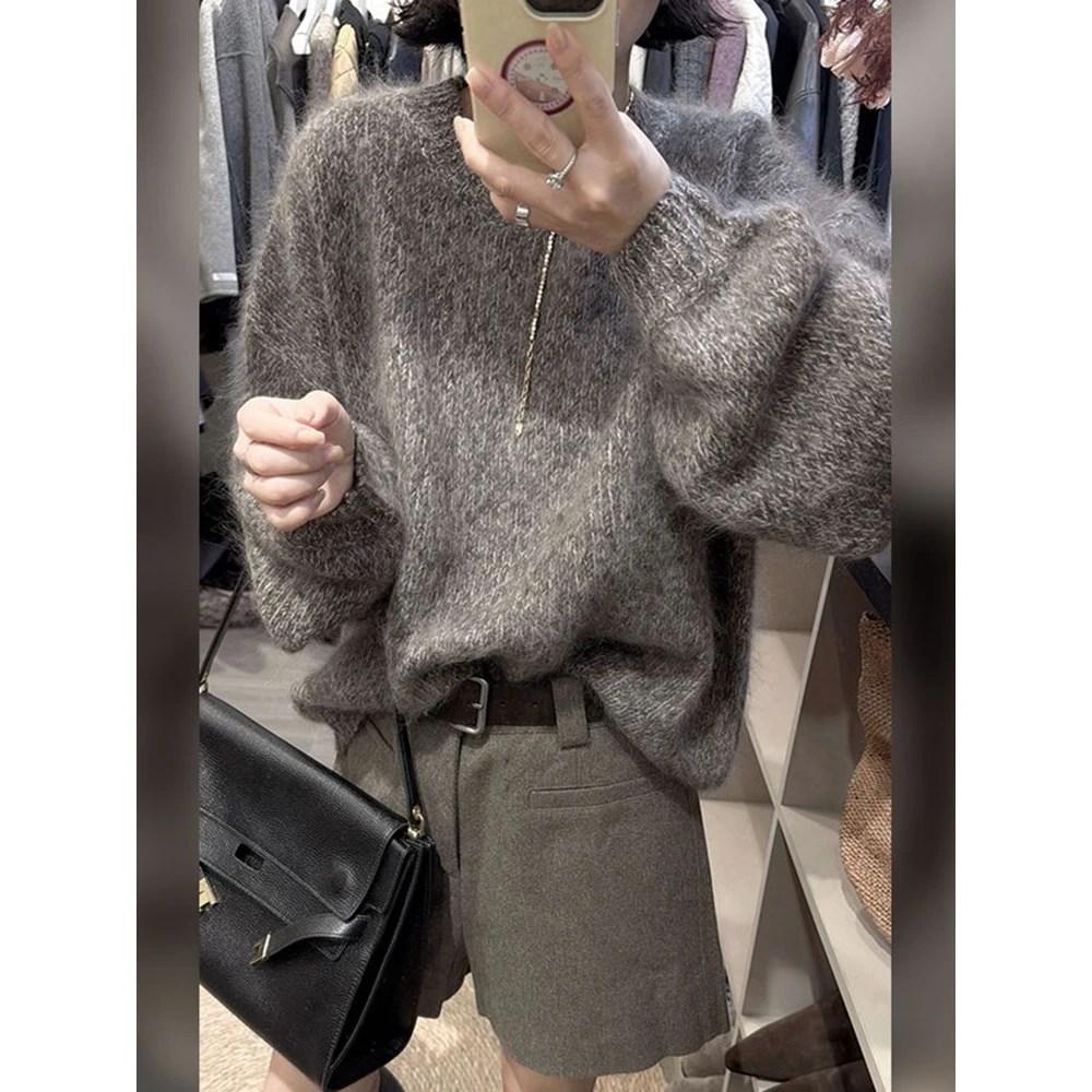 欧洲站复古风软糯圆领深灰色针织衫女2025秋季新款气质高级感上衣