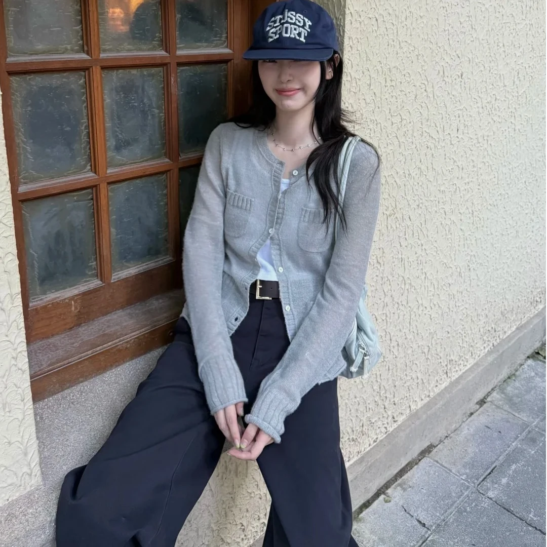 2025早秋新款时尚开衫款薄款纯色长袖秋季常规毛针织衫时尚高腰