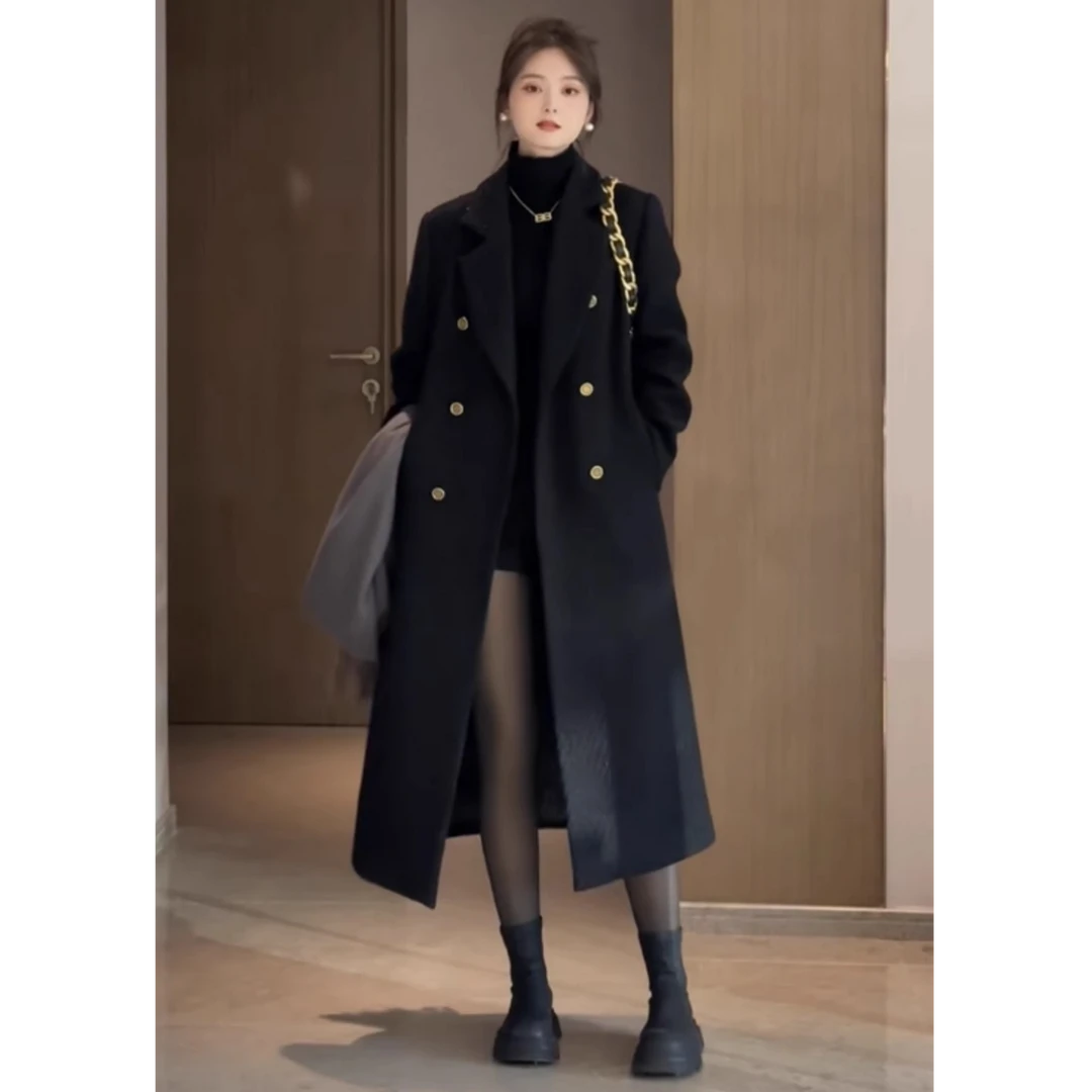 大码黑色加棉毛呢外套秋冬新款胖mm200斤赫本风宽松时尚长款大衣