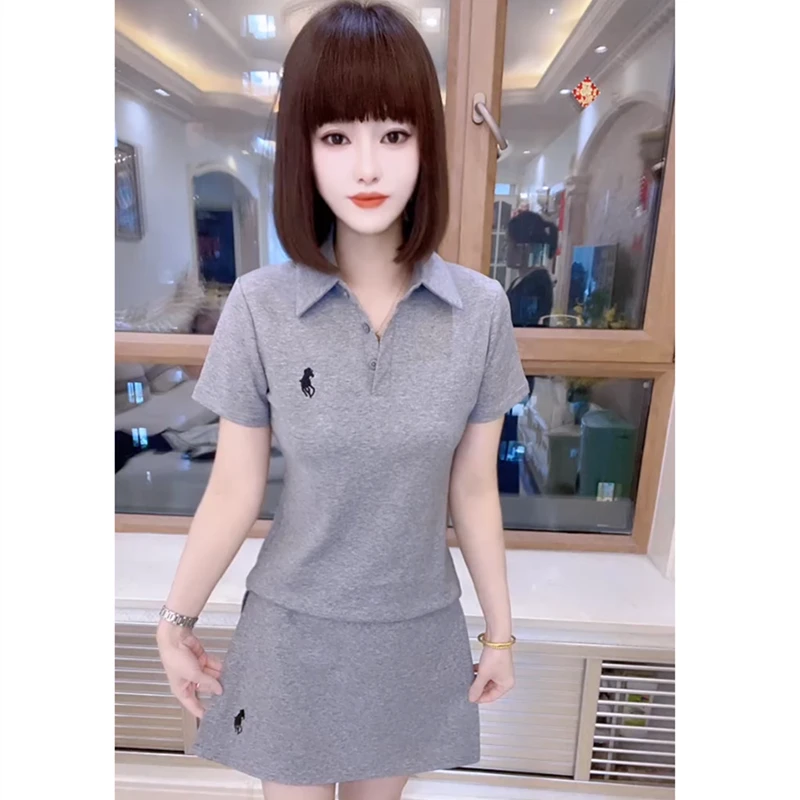 2025夏季新款套装网红同款小马刺绣纽扣polo领短袖T恤+高腰短裙女