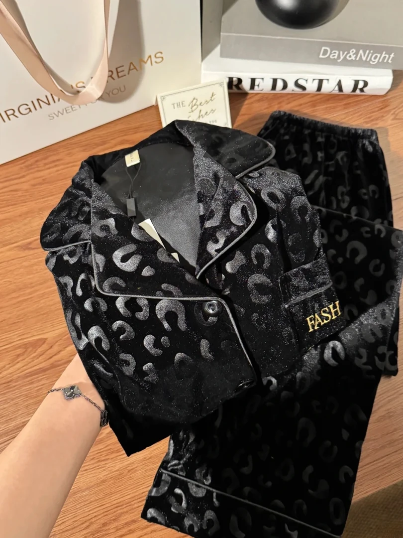 轻奢风豹纹金丝绒睡衣女秋冬季新款外穿家居服大码长袖长裤套装