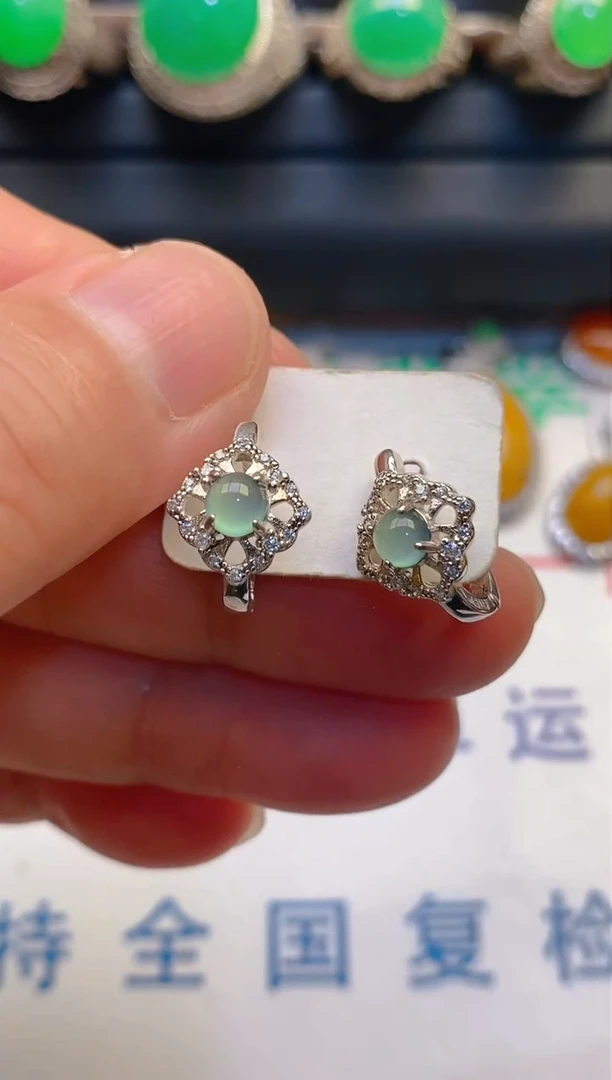 【闪购商品】翡翠耳饰银S925镶嵌天然A货翡翠1