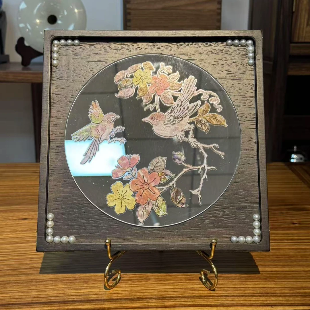 龙福木艺金丝柚木双喜临门/喜上眉梢四方铜边壶承25.25.2cm