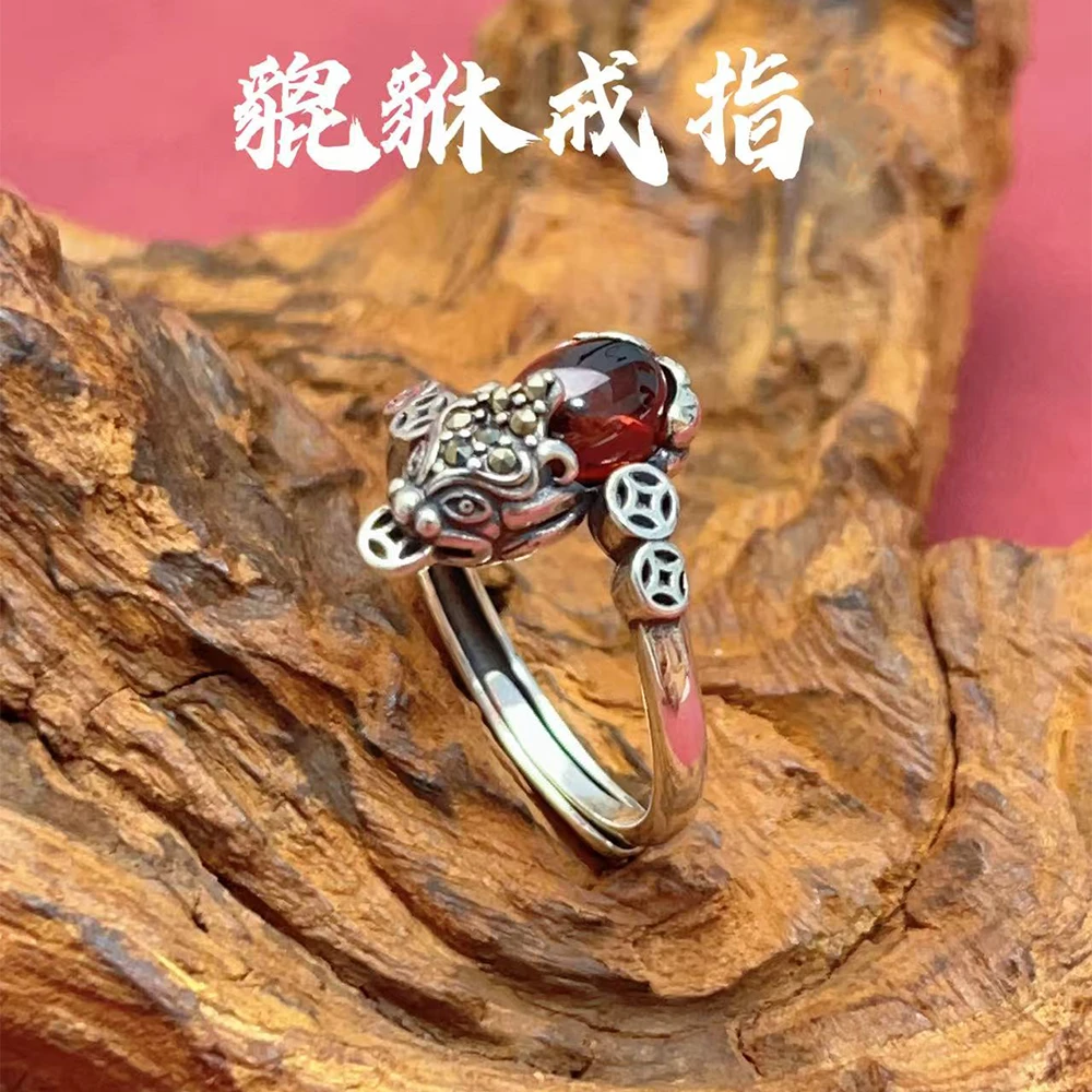 925银戒指 落霞银铺纯银925貔貅戒指国风个性纯银戒指镶嵌可调节