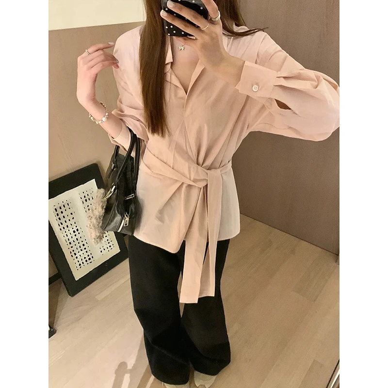 韩系设计感百搭显瘦翻领长袖衬衣女气质通勤侧边系带收腰衬衫z612