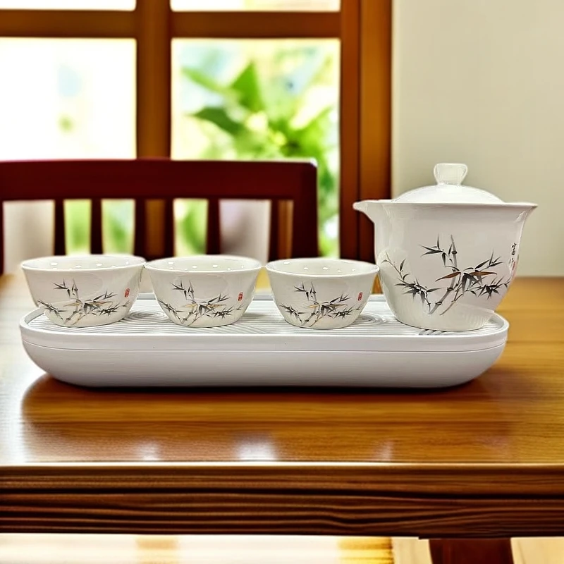 富竹羊脂玉瓷一壶加三杯旅行茶具带茶盘