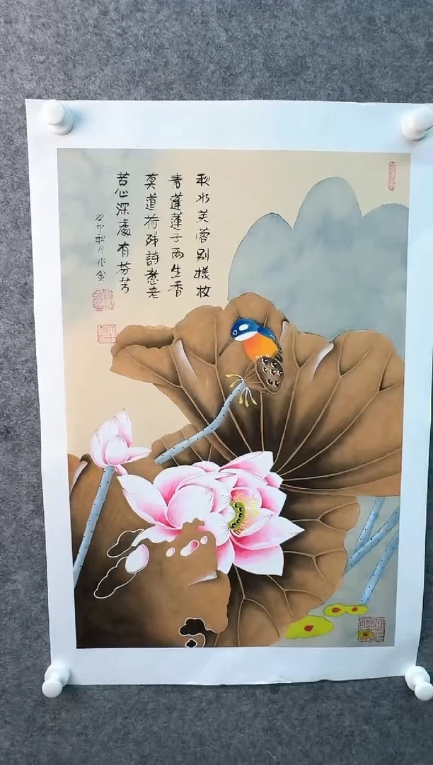 绘画梁兆金老师“2.7平尺秋水芙蓉别漾妆图”带收藏证书