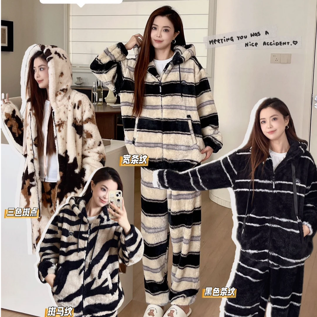 秋冬新款加绒加厚韩系网红家居服套装女睡衣保暖连帽拉链外穿睡衣