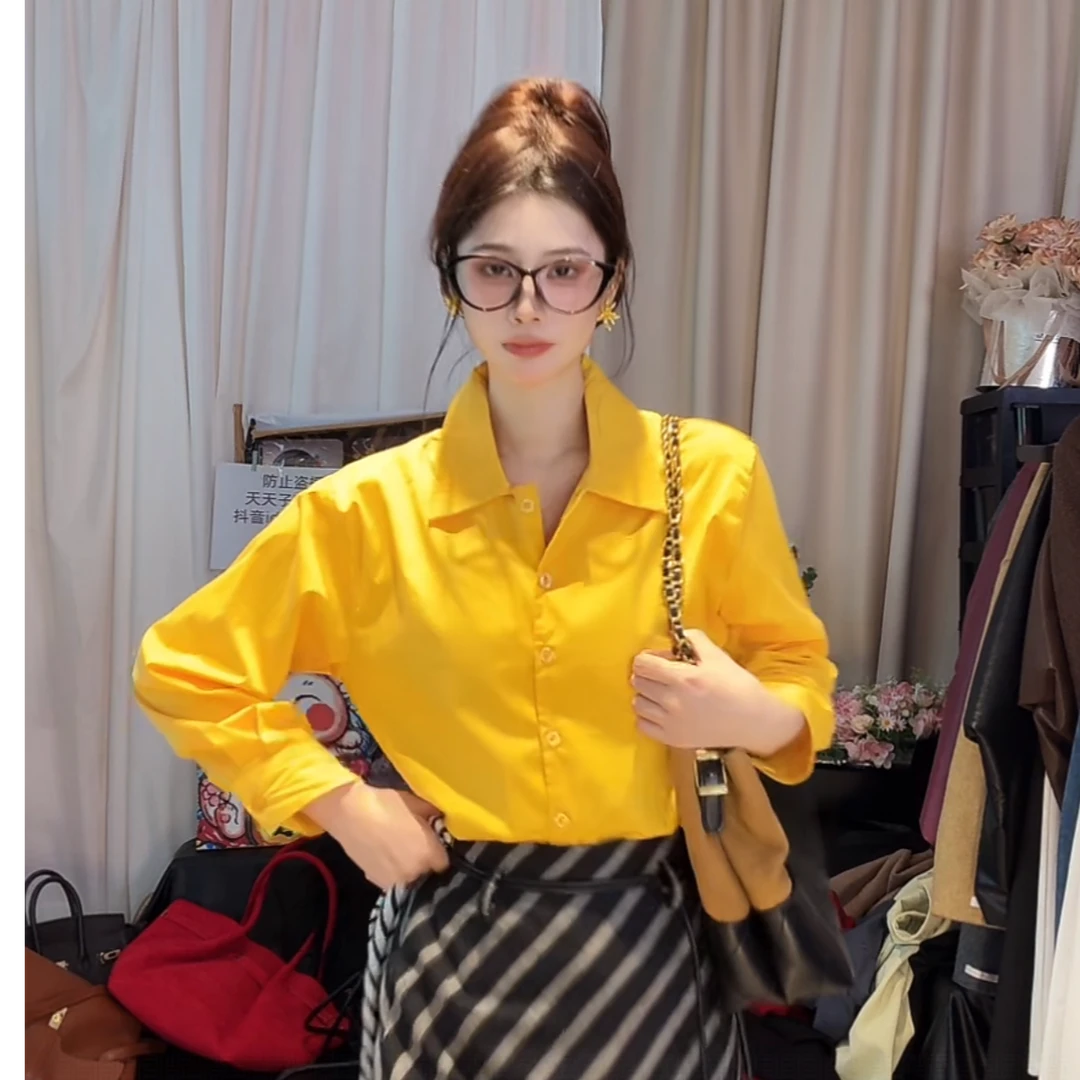 【十三行精选】秋季时尚轻奢黄色长袖衬衫女高级小众独特绝美上衣